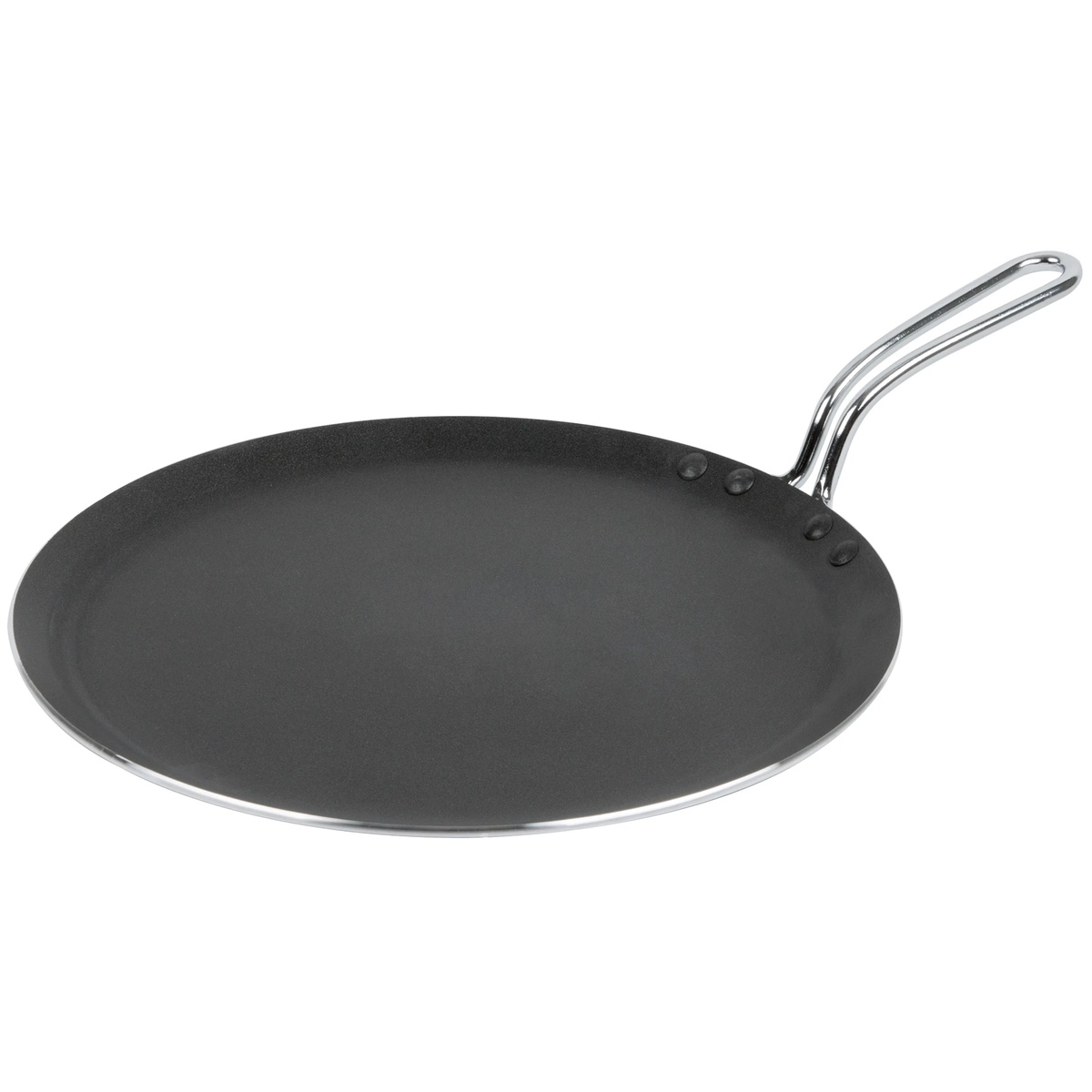 Vollrath 68530 12-inch round aluminum griddle with dark SteelCoat x3 nonstick surface and riveted plated wire handle