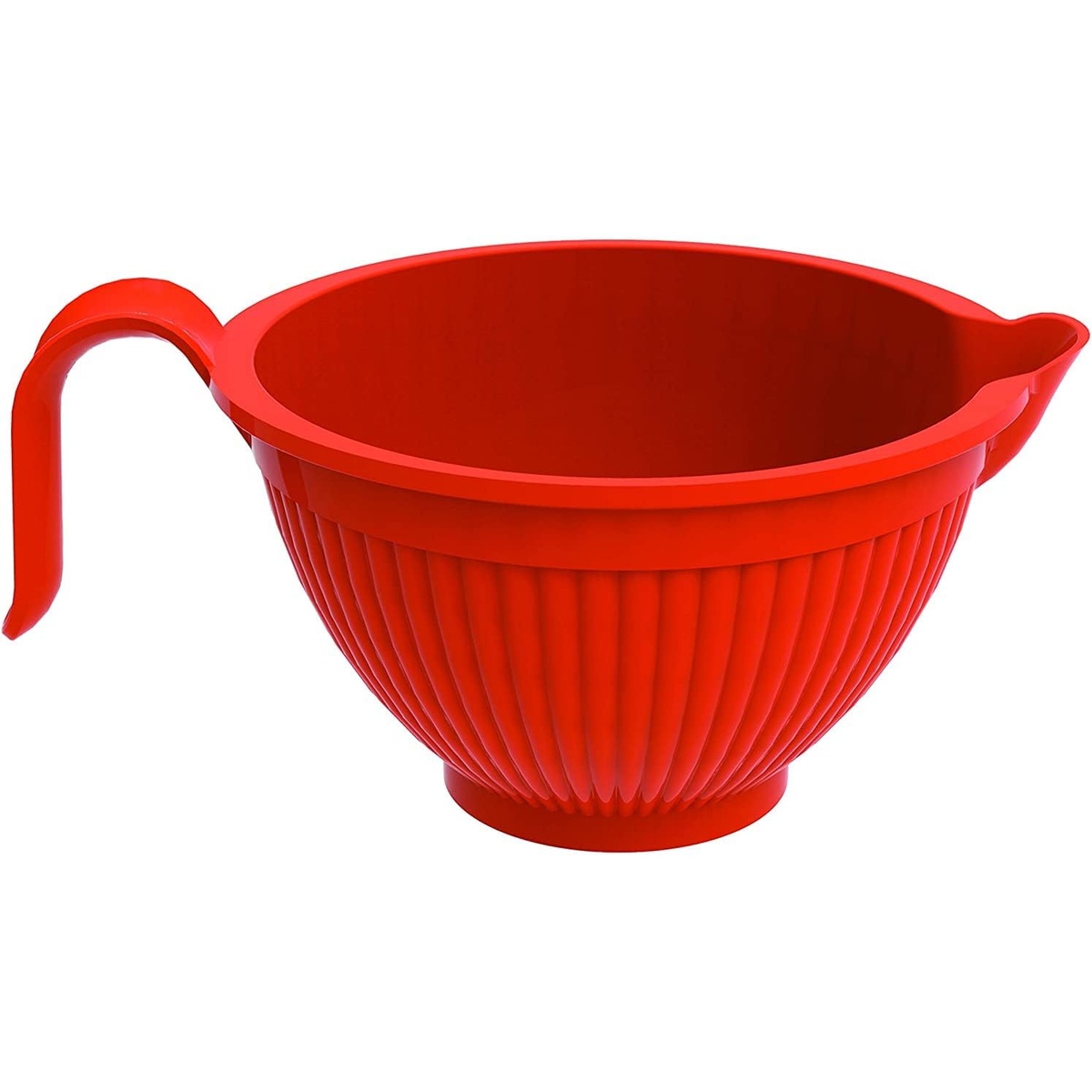 Nordic Ware Better Batter Bowl in red with open handle and ribbed exterior, shown from a three-quarter angle
