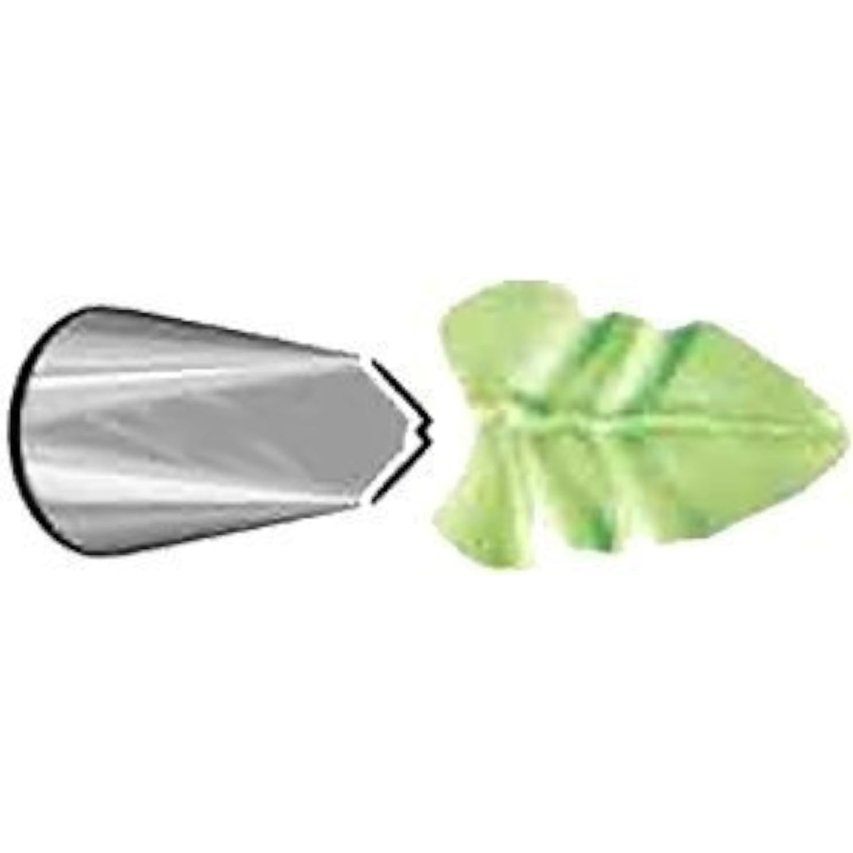 Ateco #69 stainless steel leaf piping tip shown beside a green fondant leaf example with center vein detail