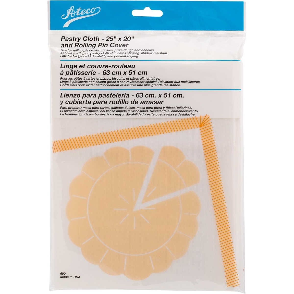 Ateco 690 canvas pastry cloth and rolling pin cover shown in retail packaging