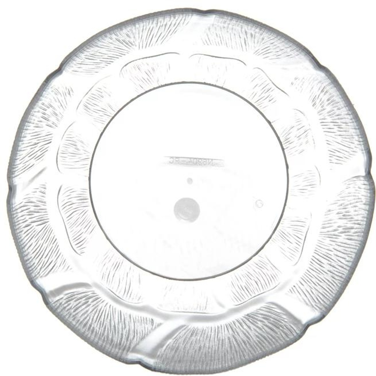 Carlisle Petal Mist clear polycarbonate bowl, bottom view showing NSF marking and base construction