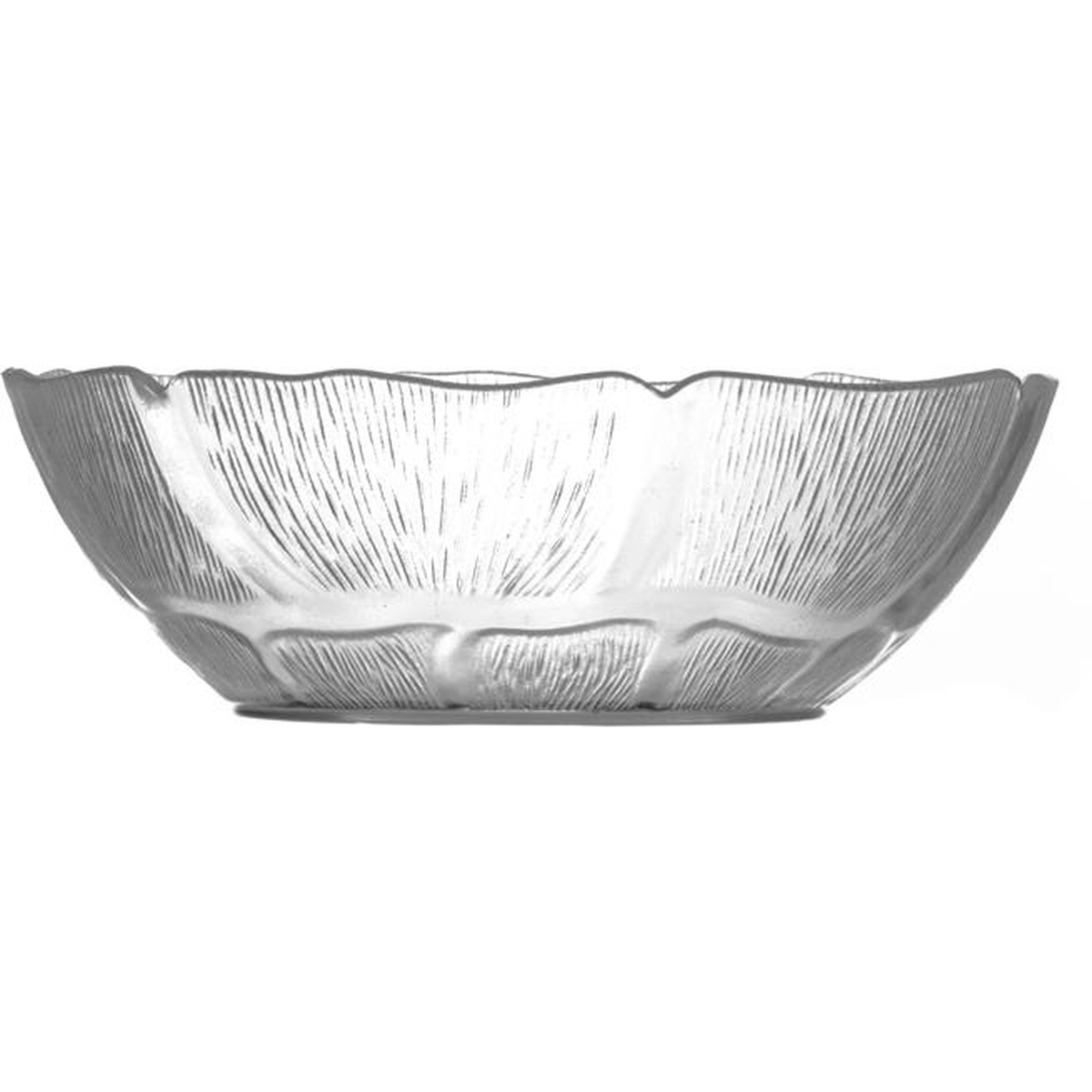 Carlisle Petal Mist clear polycarbonate bowl, side profile view highlighting the textured ribbed exterior wall