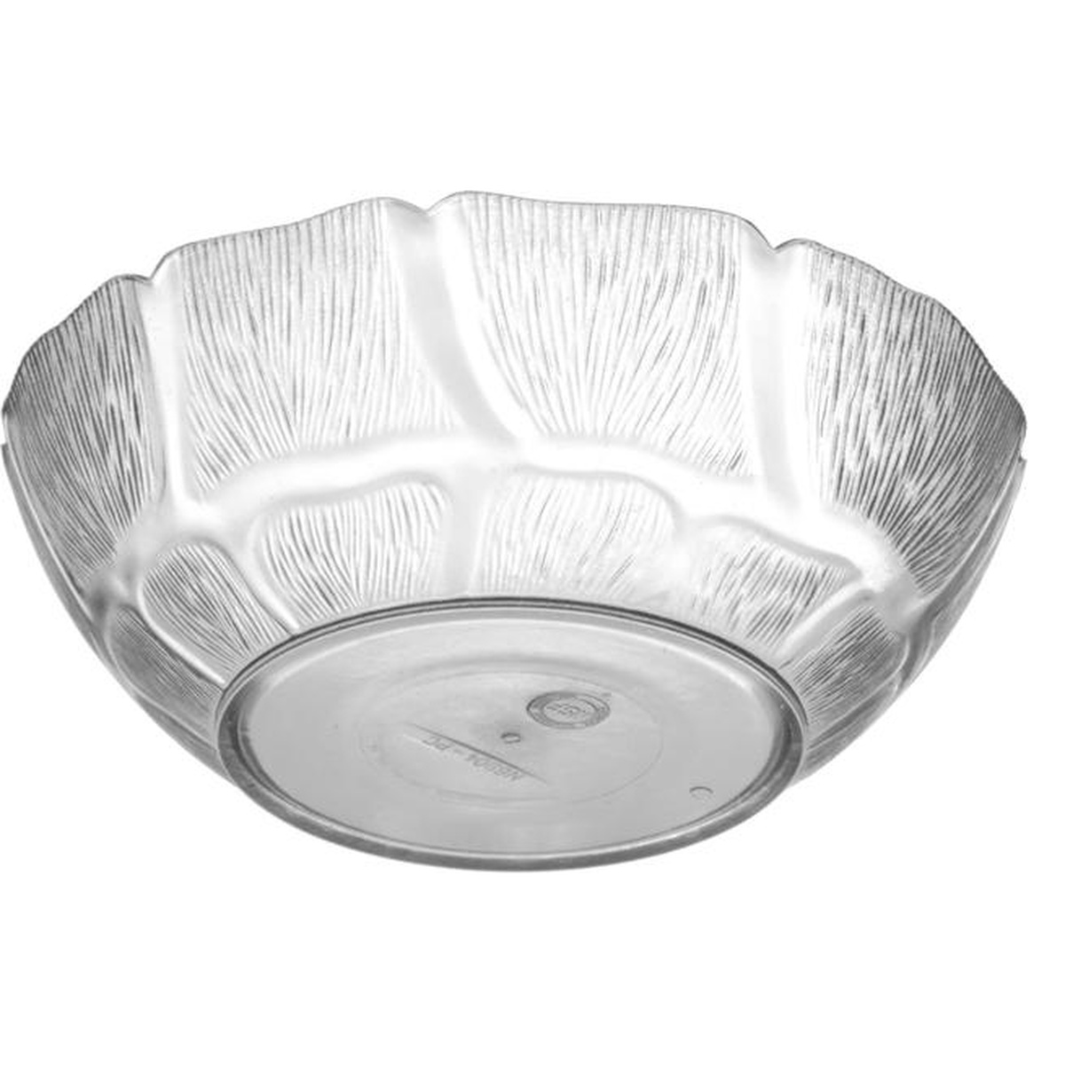 Carlisle Petal Mist clear polycarbonate bowl, angled view from below showing exterior texture and scalloped rim detail