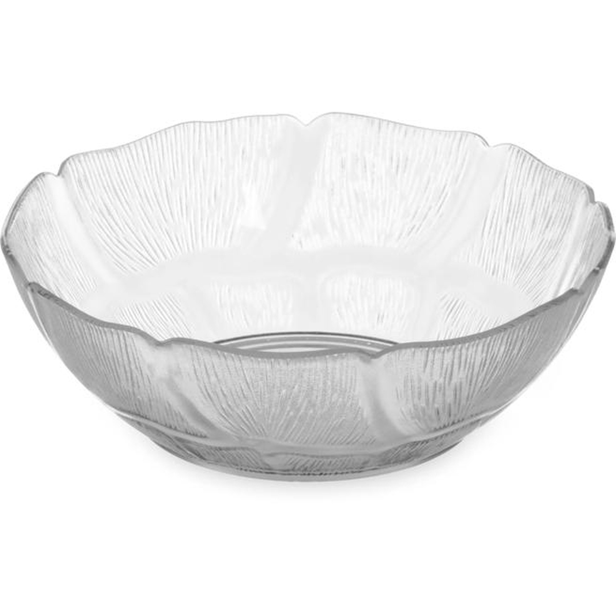 Carlisle Petal Mist 6-inch clear polycarbonate bowl, front three-quarter view showing scalloped rim and textured exterior