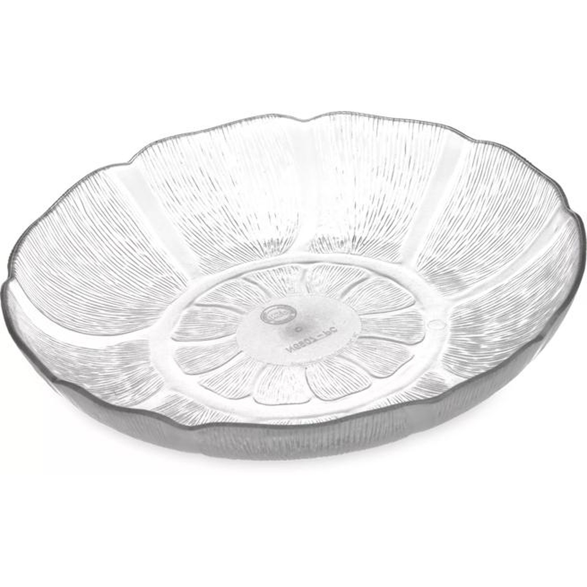 Carlisle Petal Mist clear polycarbonate soup/salad plate angled view showing floral petal rim and textured interior