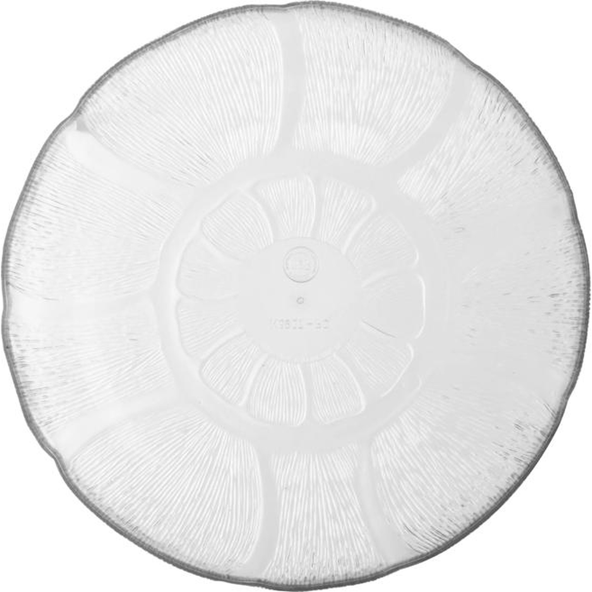 Top-down view of Carlisle Petal Mist clear polycarbonate plate showing full floral petal pattern