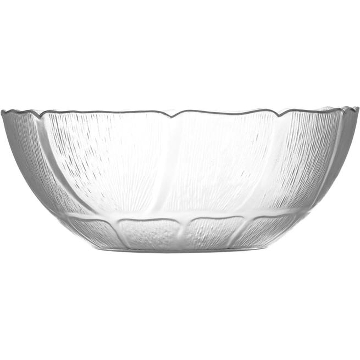 Carlisle Petal Mist clear bowl, front profile view highlighting scalloped rim and vertical textured panels