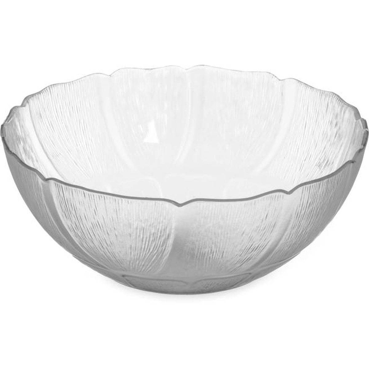 Carlisle Petal Mist clear polycarbonate bowl, 3/4 angle view showing scalloped rim and textured exterior