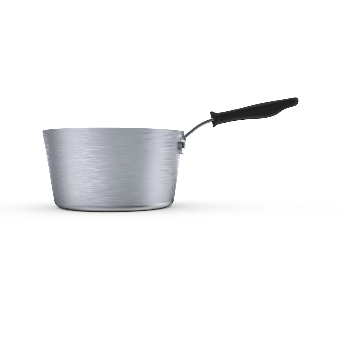 Side view of the Vollrath Wear Ever saucepan showing the tapered profile and riveted handle