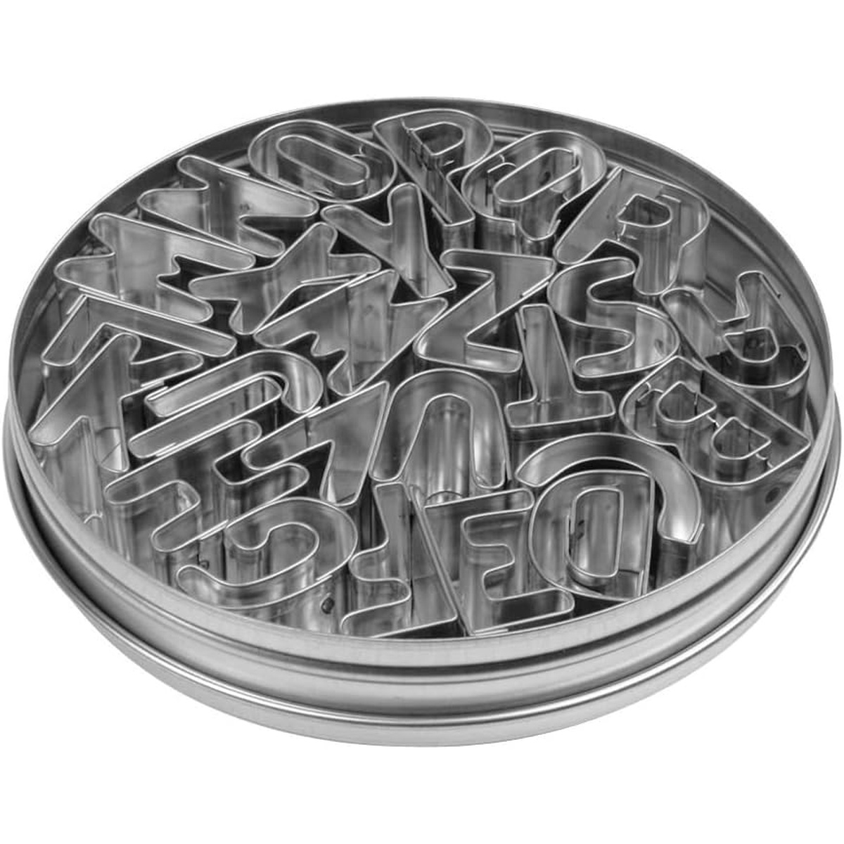 Ateco 6949 alphabet cookie cutters stored in round tin container