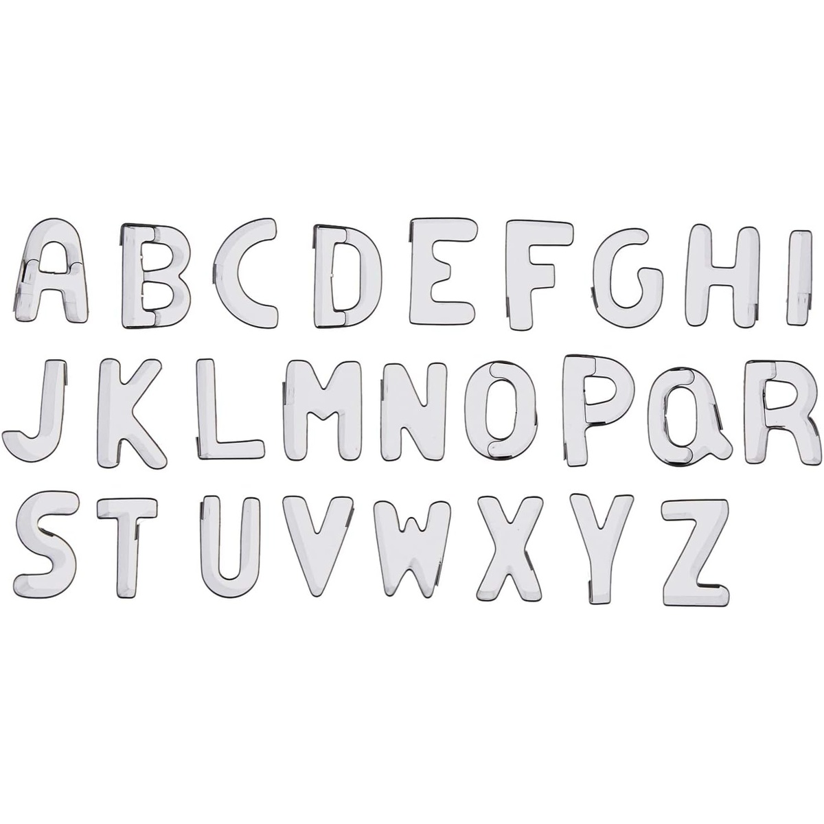 All 26 Ateco tin alphabet letter cookie cutters A through Z laid out on white background