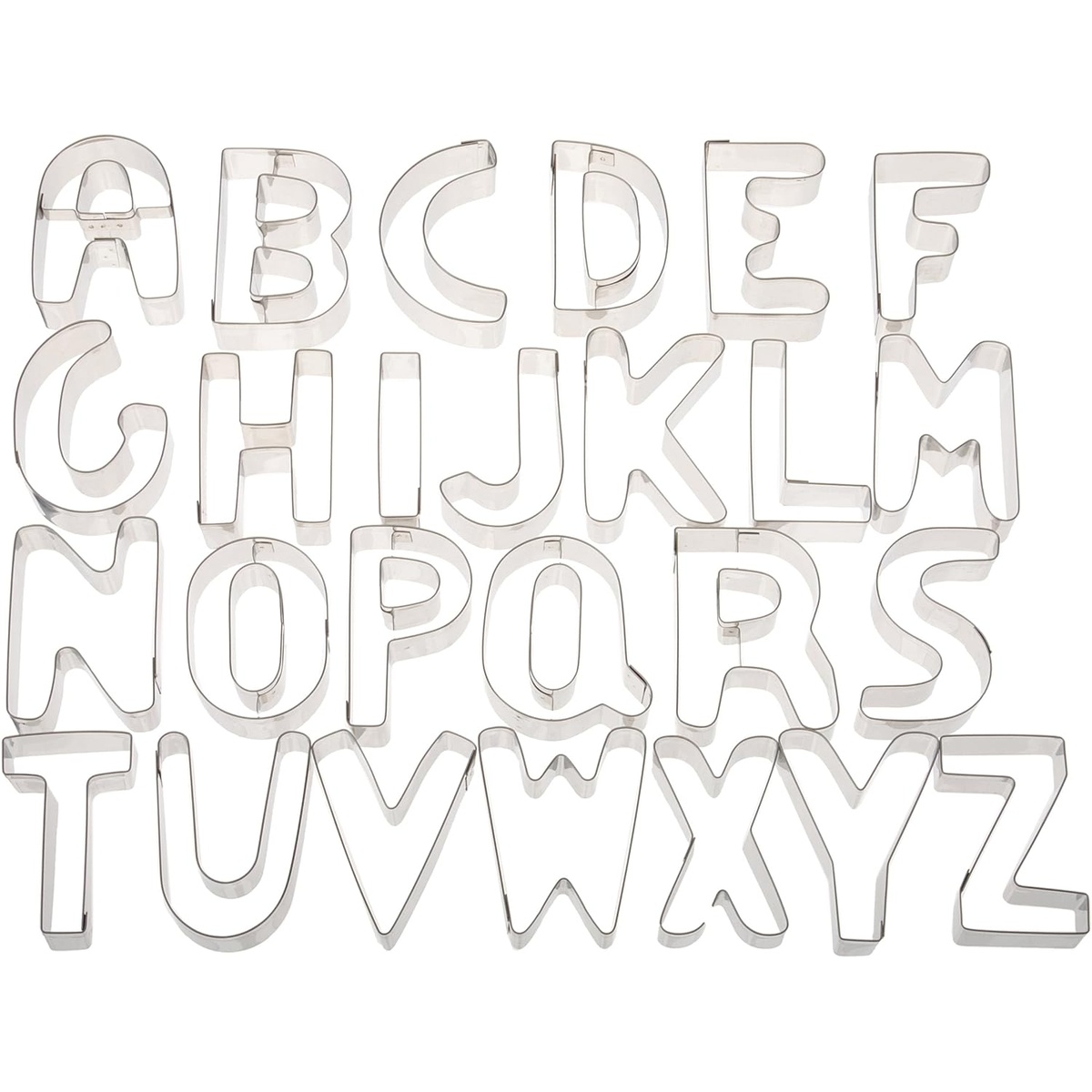 Ateco tin alphabet cookie cutters A through Z displayed in rows showing full letter shapes
