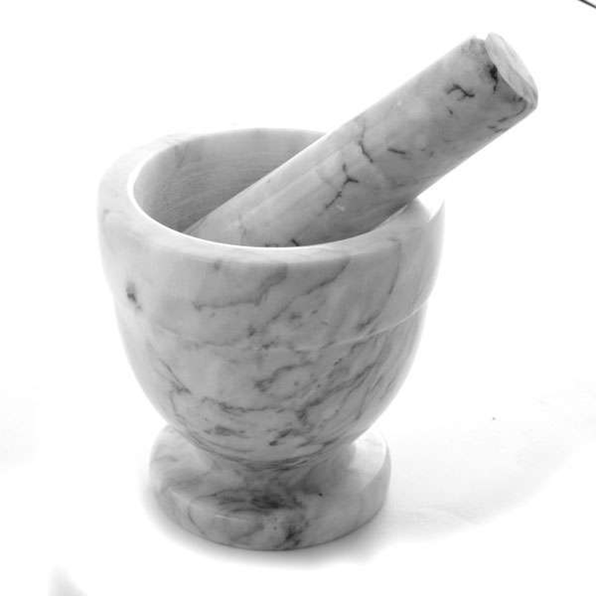 Norpro marble mortar and pestle set, angled view showing veined marble texture and pestle resting inside bowl
