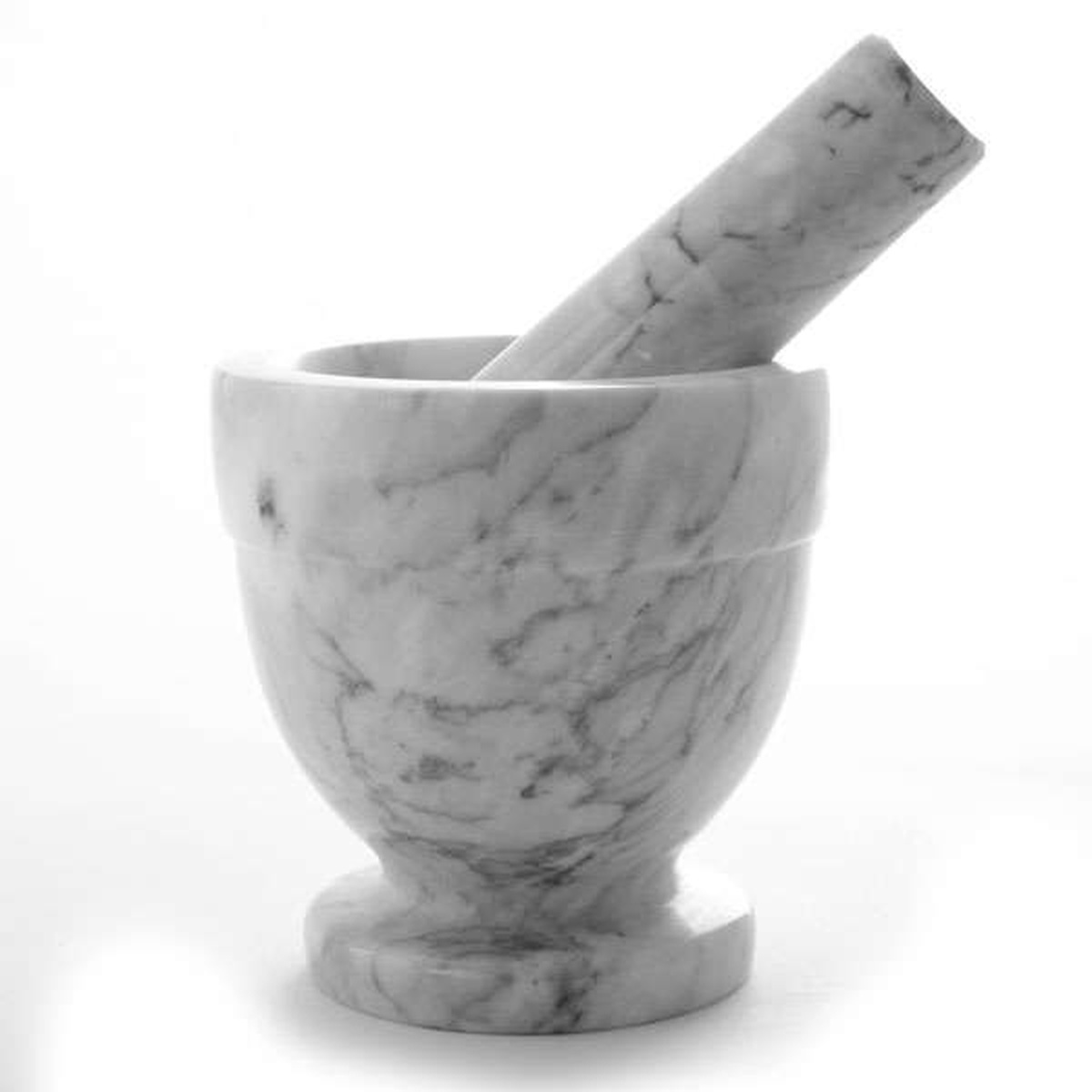Norpro marble mortar and pestle set, straight-on front view displaying natural marble veining and pestle