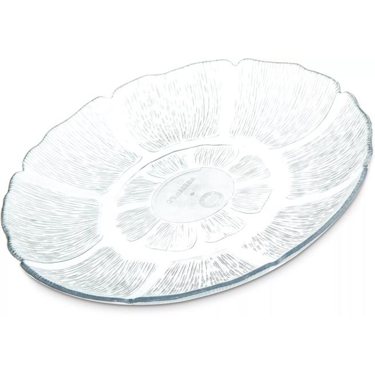 Carlisle Petal Mist clear polycarbonate plate angled side view showing scalloped edge and floral texture