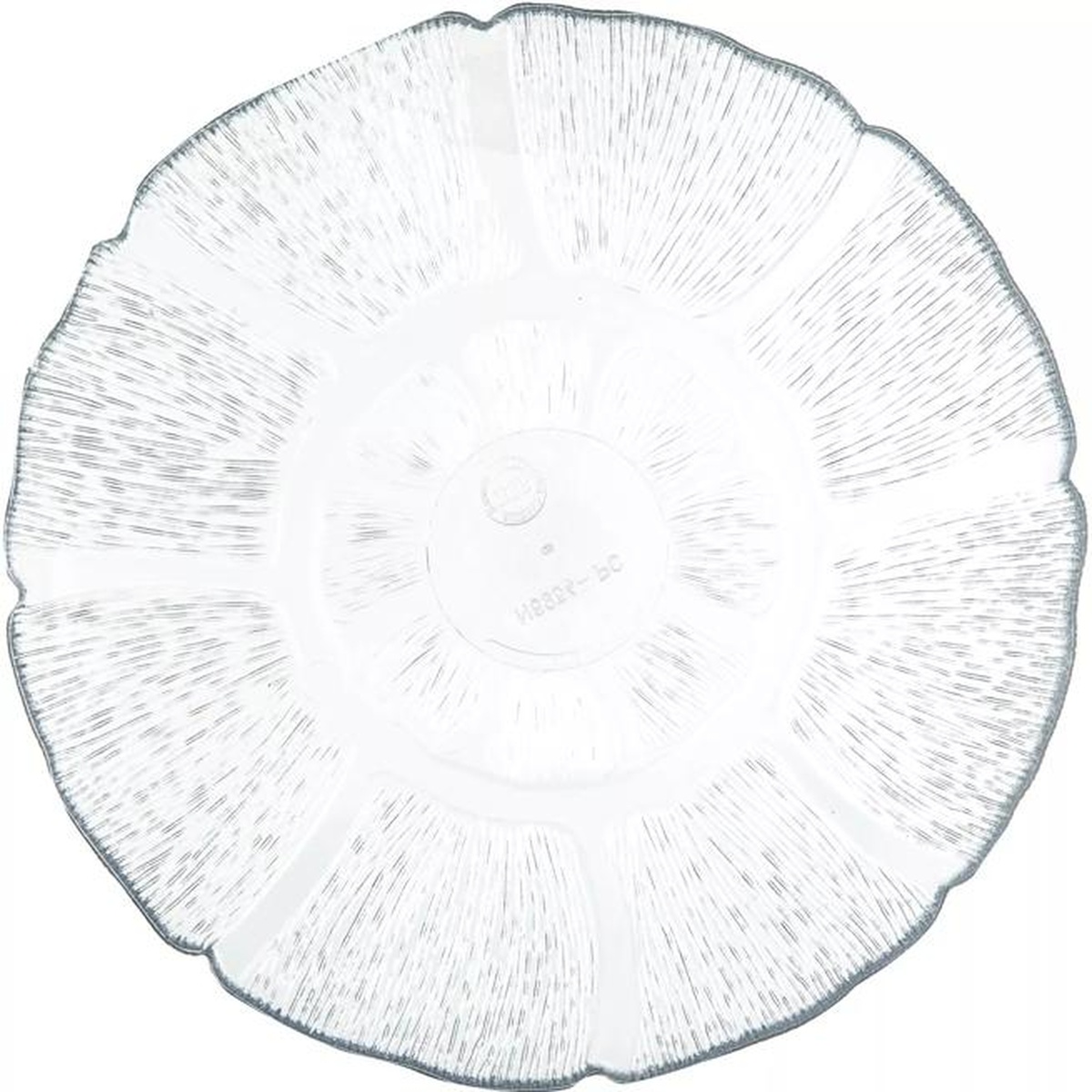 Carlisle Petal Mist clear plate top-down view showing full circular scalloped pattern