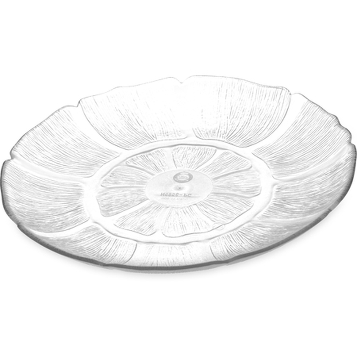Carlisle Petal Mist 9-inch clear polycarbonate plate with scalloped floral edge, viewed from above at an angle