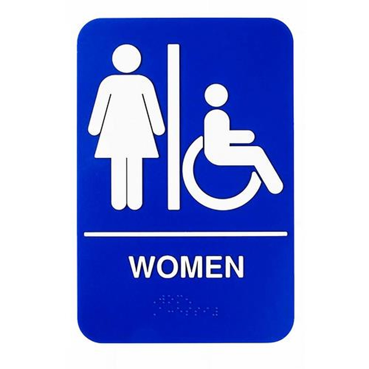 TableCraft 695630 blue 6x9 inch Women/Accessible ADA compliant sign with white female and wheelchair symbols and Braille text