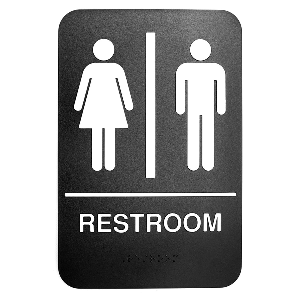 Tablecraft 695633 black restroom sign with white male and female symbols and raised RESTROOM text