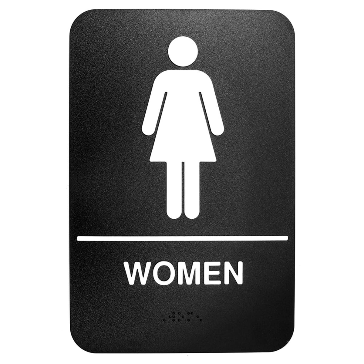Tablecraft 695634 black plastic women's restroom sign with white female symbol and WOMEN text, Braille at bottom