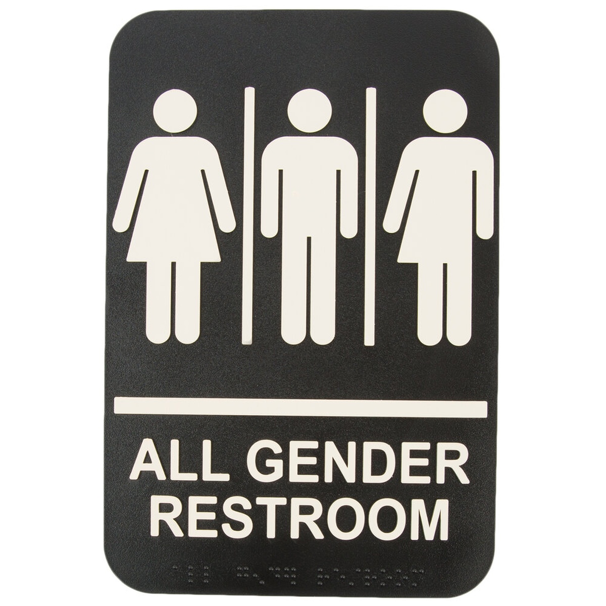 TableCraft 695652 black plastic all gender restroom sign with white raised figures and Braille