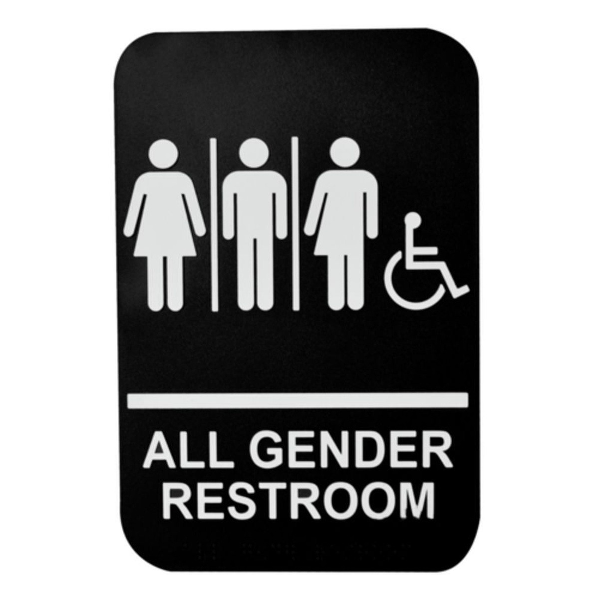 Tablecraft 695653 black plastic All Gender Restroom sign with white gender-neutral symbols, wheelchair accessibility icon, and Braille text