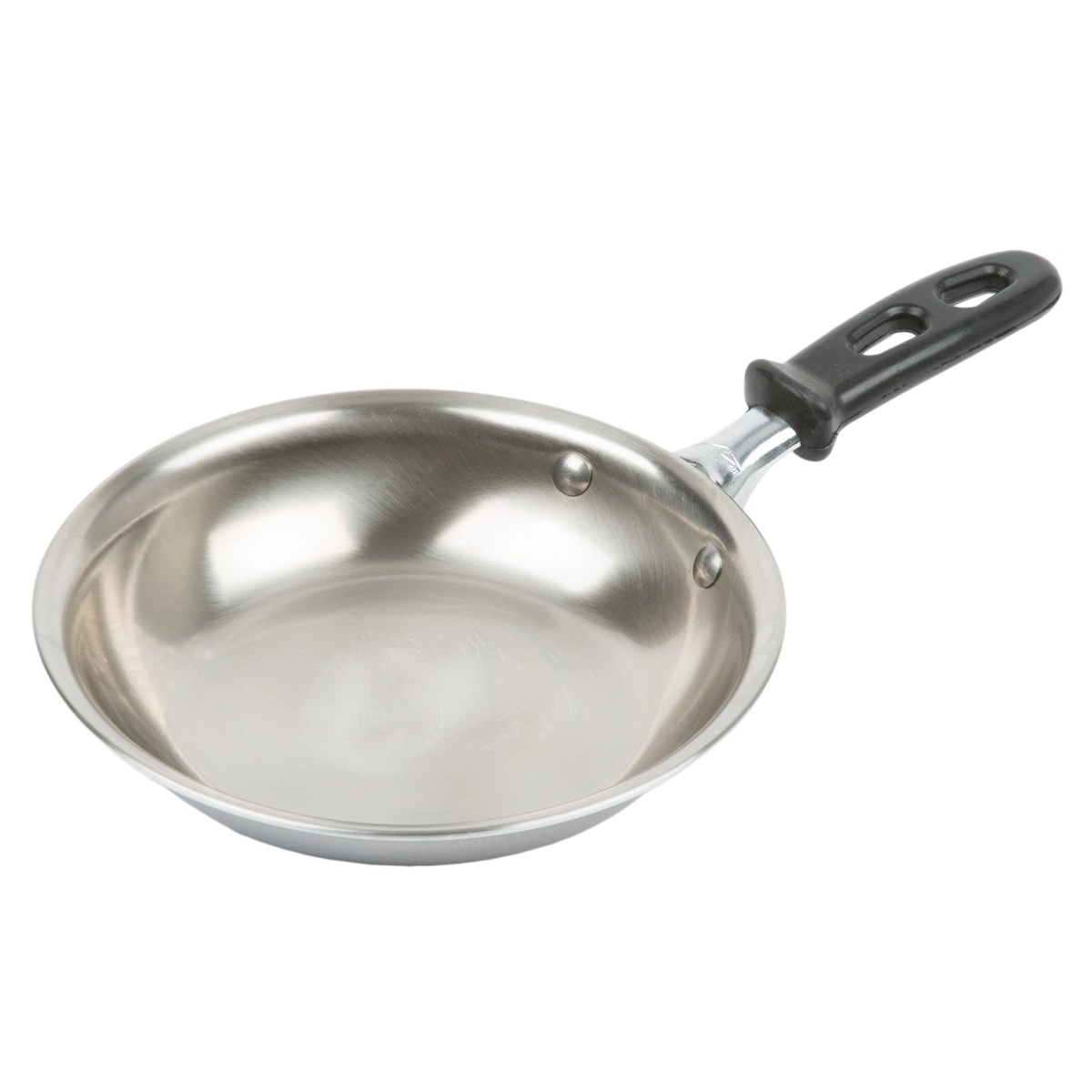 Vollrath 69807 Tribute 7-inch stainless steel fry pan with black silicone TriVent handle on white background