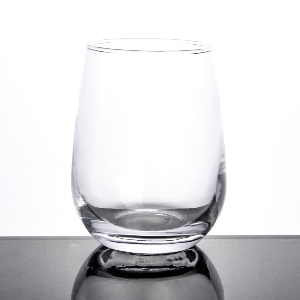 Enhanced Glassware 6LB02 17 oz clear stemless wine glass, single unit shown on reflective surface