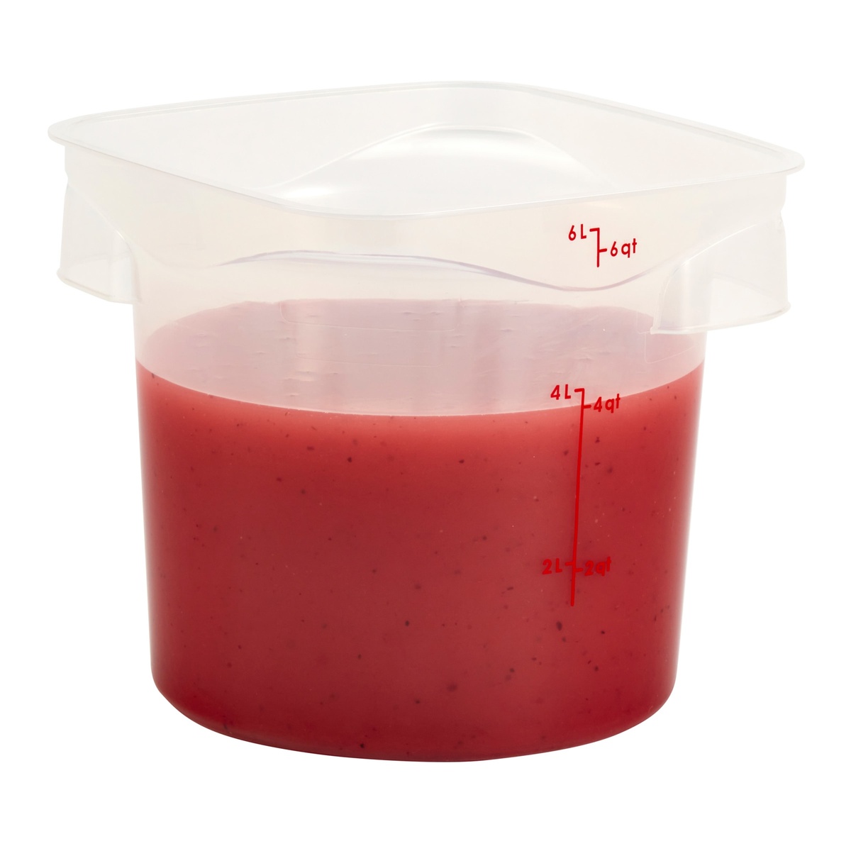 Cambro 6-quart round container filled with red liquid showing translucent walls and red graduation markings at 2L, 4L, 2qt, and 4qt levels