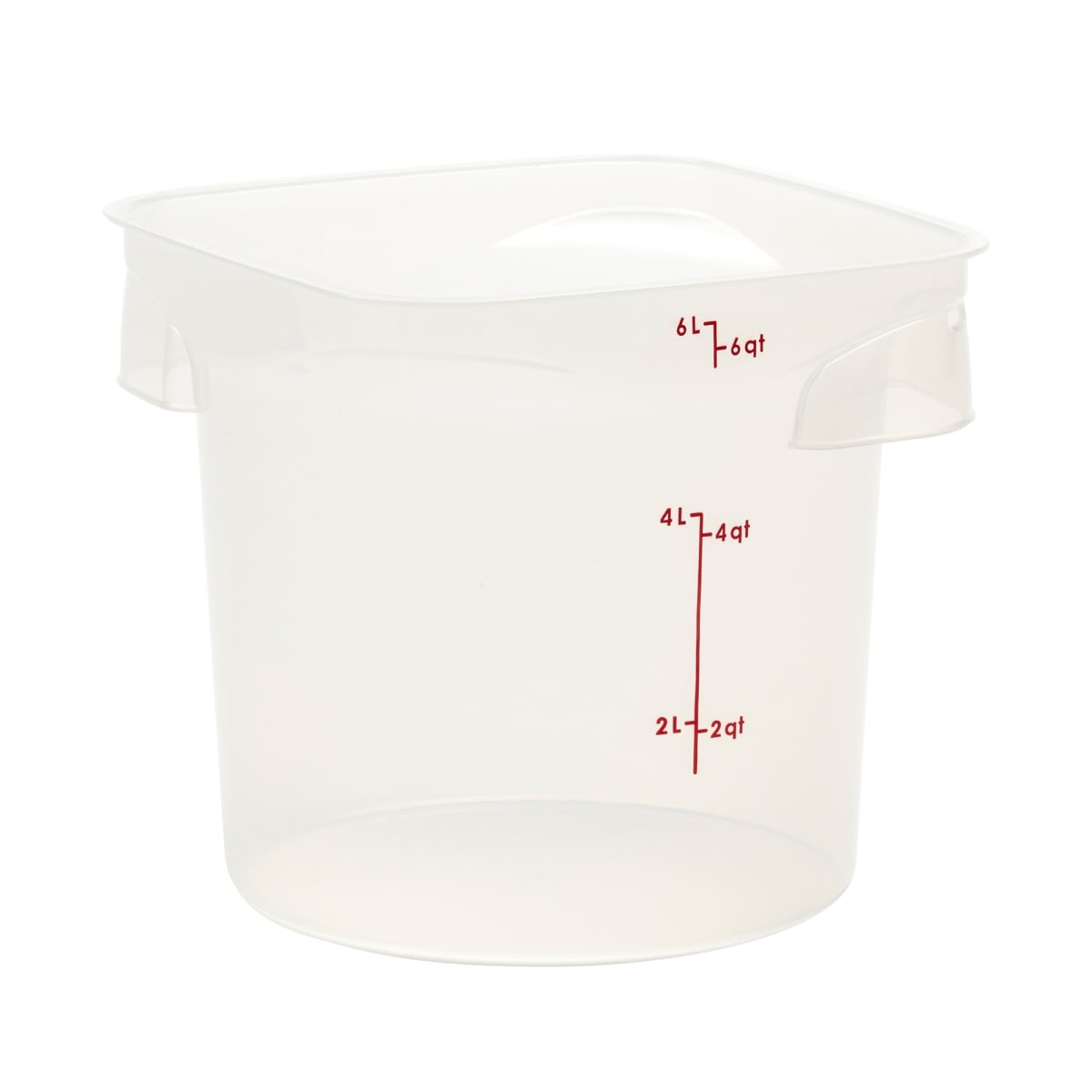 Cambro 6RFSPROPP190 translucent 6-quart round food storage container with red graduation markings, shown empty on white background