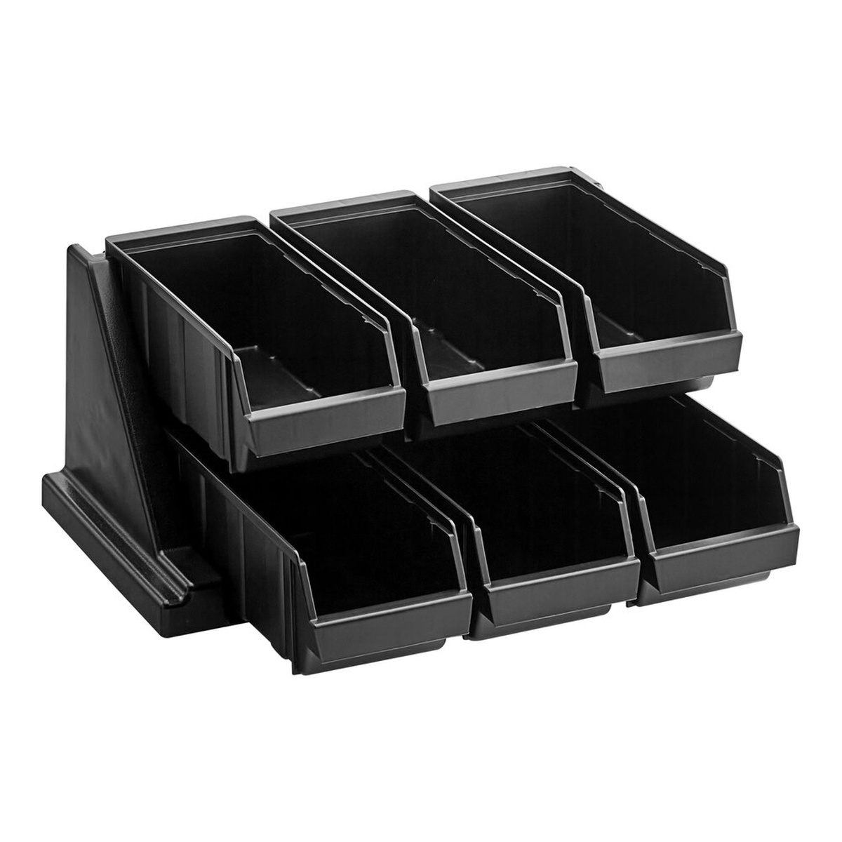 Cambro 6RS6110 black Versa 6-bin condiment organizer rack shown on white background, two-tier configuration with three bins per row