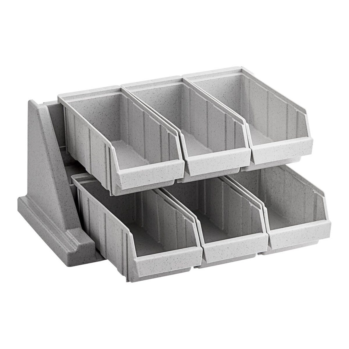 Cambro 6RS6480 speckled gray 6-bin Versa organizer rack with two rows of three open-front bins on a tiered stand
