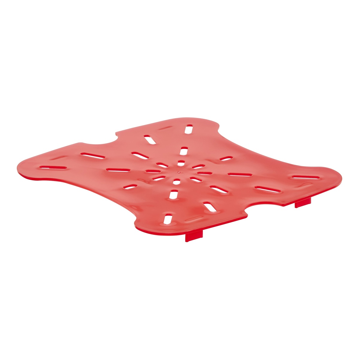 Cambro FreshPro red polypropylene drain shelf angled view showing drainage slots and elevated feet