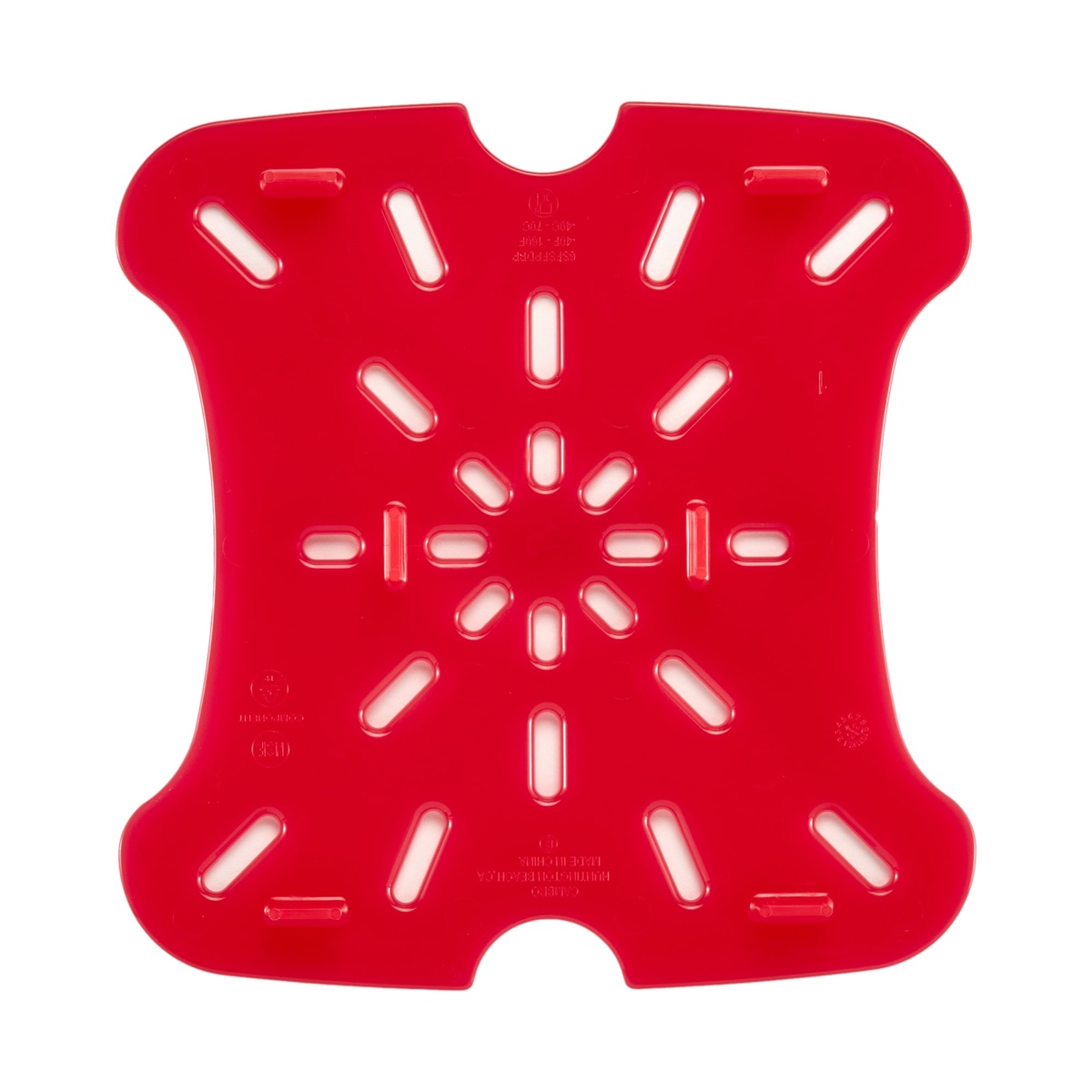 Top-down view of Cambro FreshPro red drain shelf showing full perforated drainage pattern and built-in hanging hole