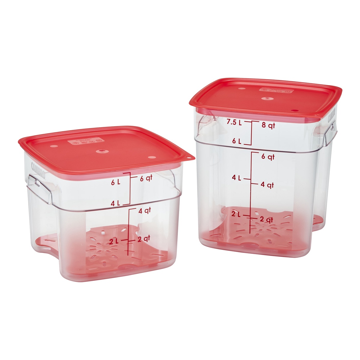 Red drain shelf shown installed inside clear Cambro FreshPro 6 qt and 8 qt square containers with red lids on white background