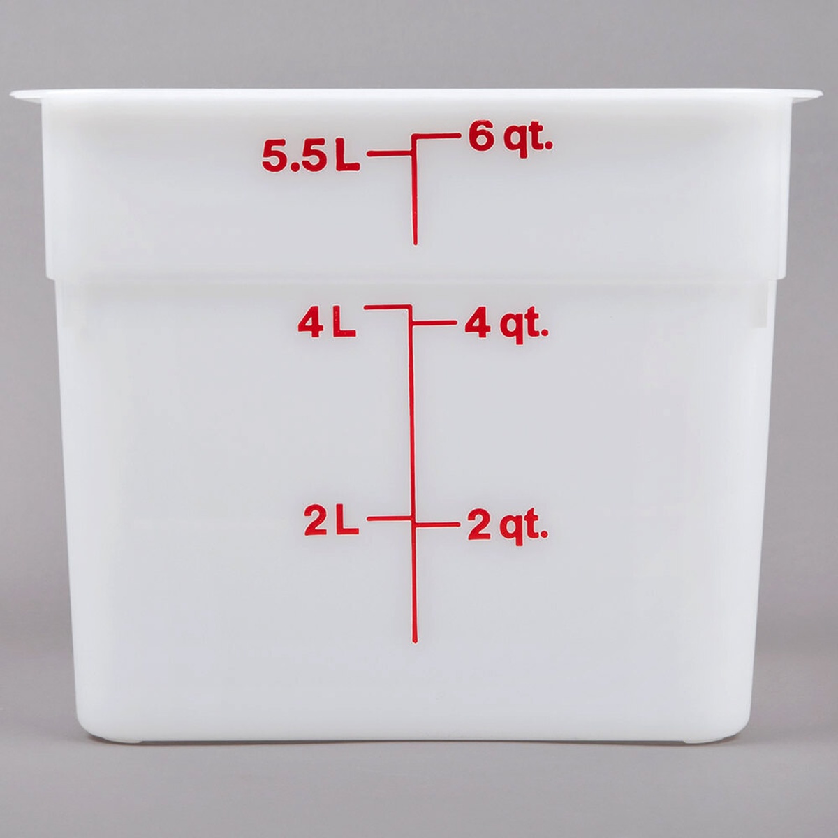Cambro 6SFSP148 white square polyethylene food storage container, angled view showing red quart and liter graduation markings