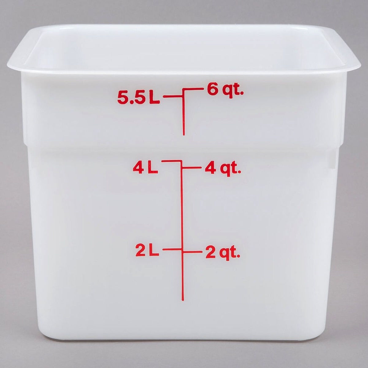 Cambro 6SFSP148 white square food storage container, front view with red measurement graduations at 2 qt., 4 qt., and 6 qt.