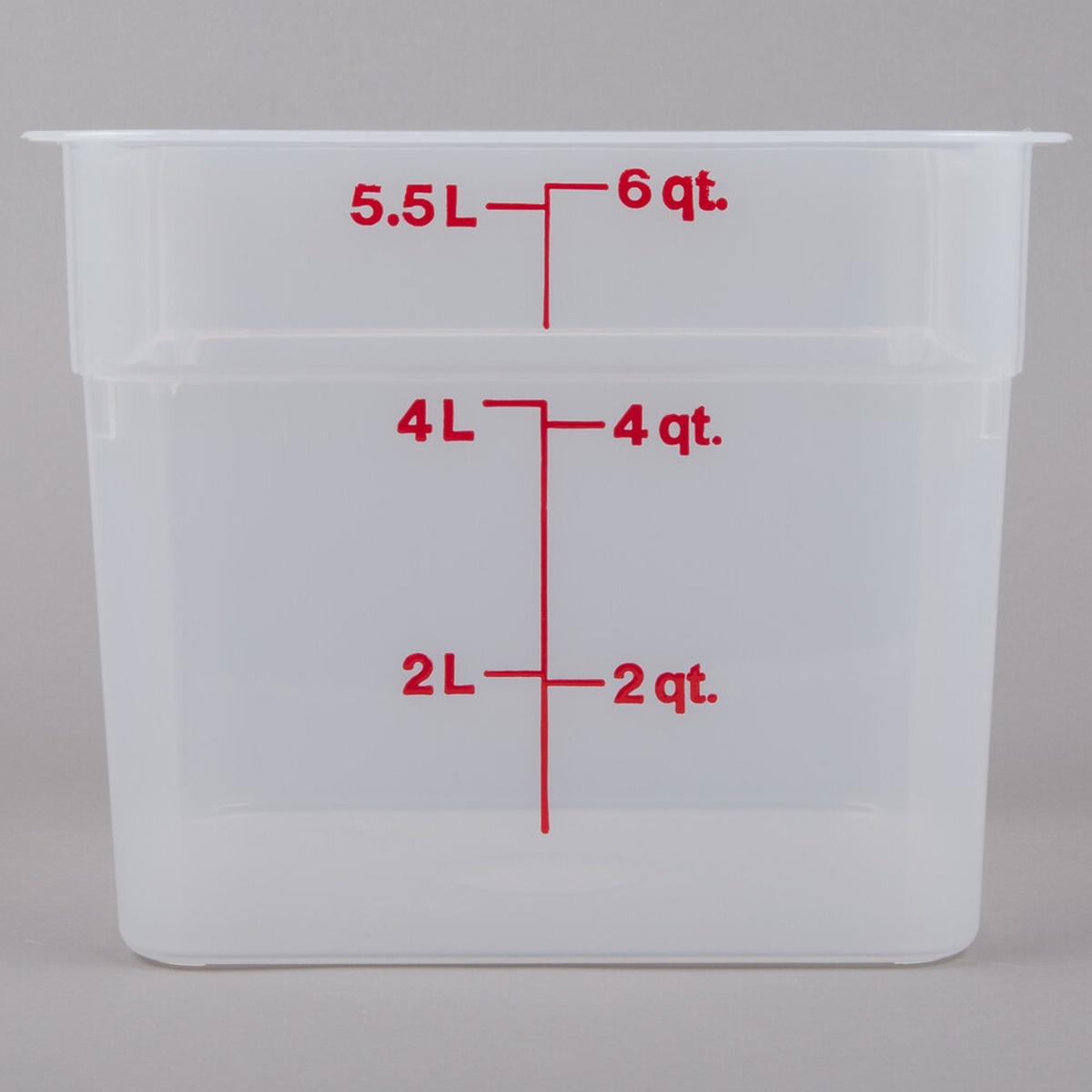 Cambro 6SFSPP190 6 qt. translucent square food storage container with red quart and liter graduation markings on exterior
