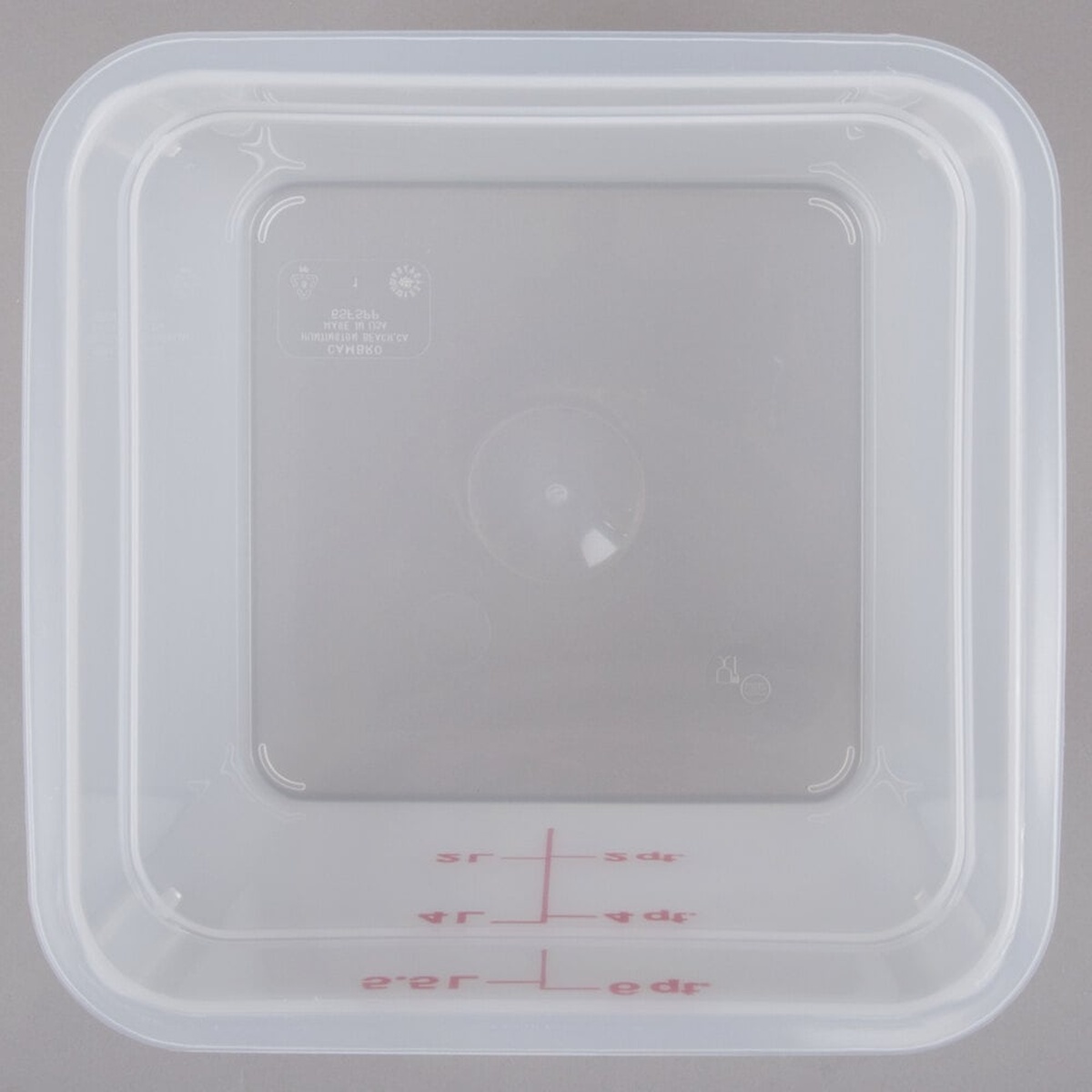 Top view of the Cambro 6SFSPP190 translucent square food storage container base showing graduation markings and Cambro branding