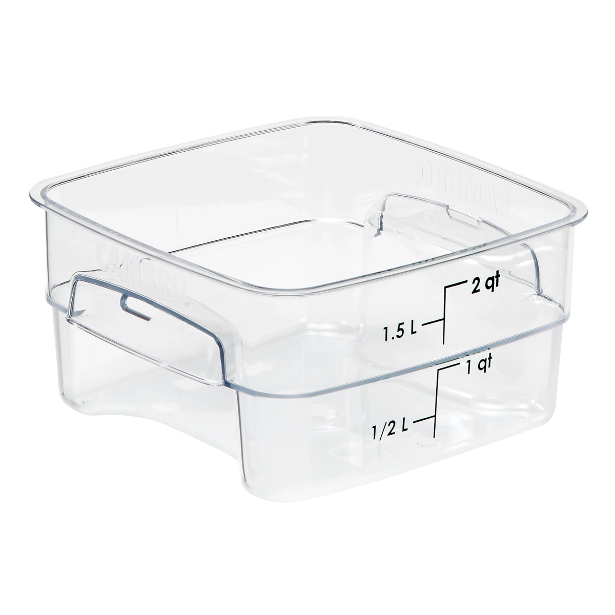 Cambro CamSquares FreshPro clear polycarbonate food storage container angled view showing recessed handles and graduation markings