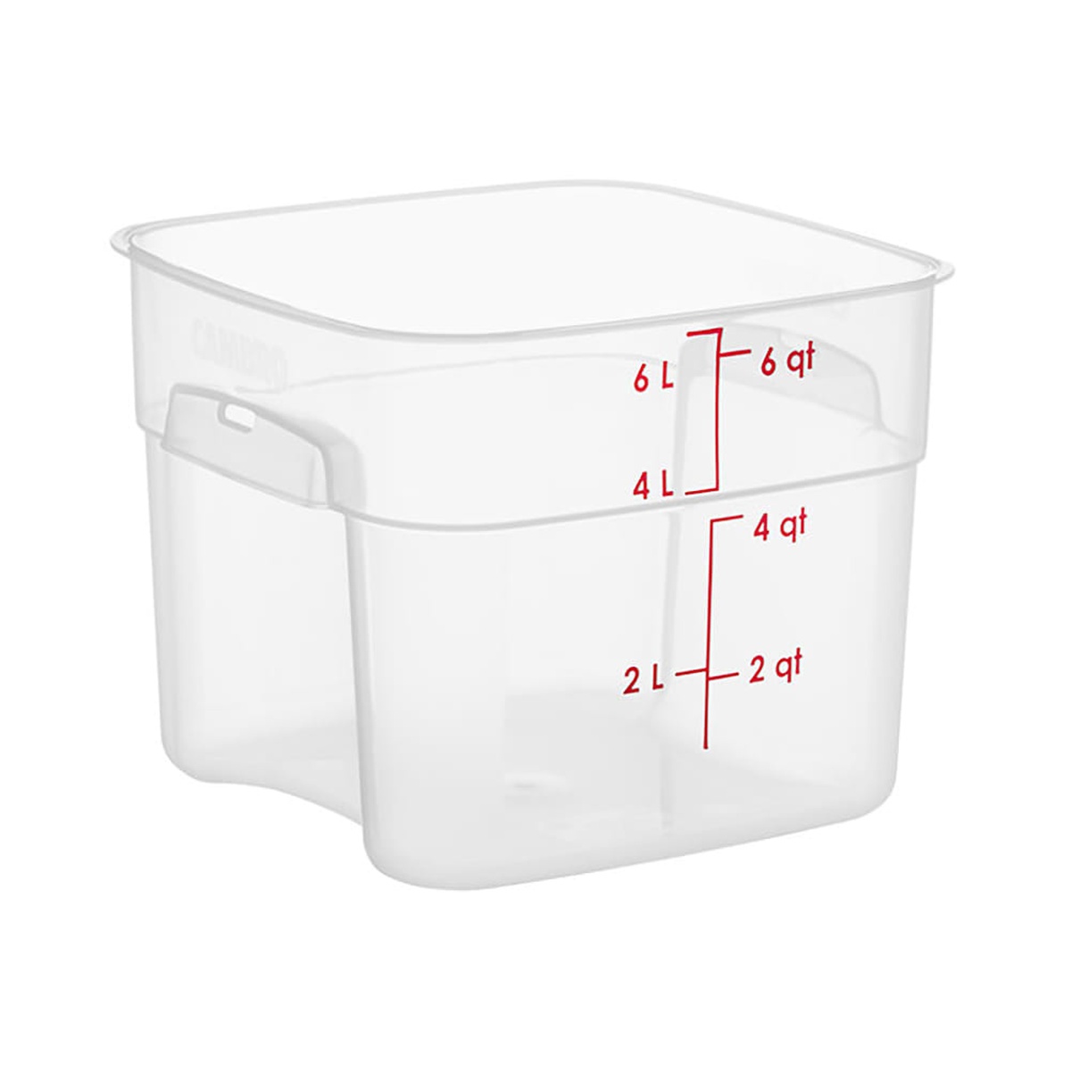Cambro 6SFSPROPP190 FreshPro translucent 6-quart square polypropylene food storage container with recessed handles and dual quart and liter graduation markings