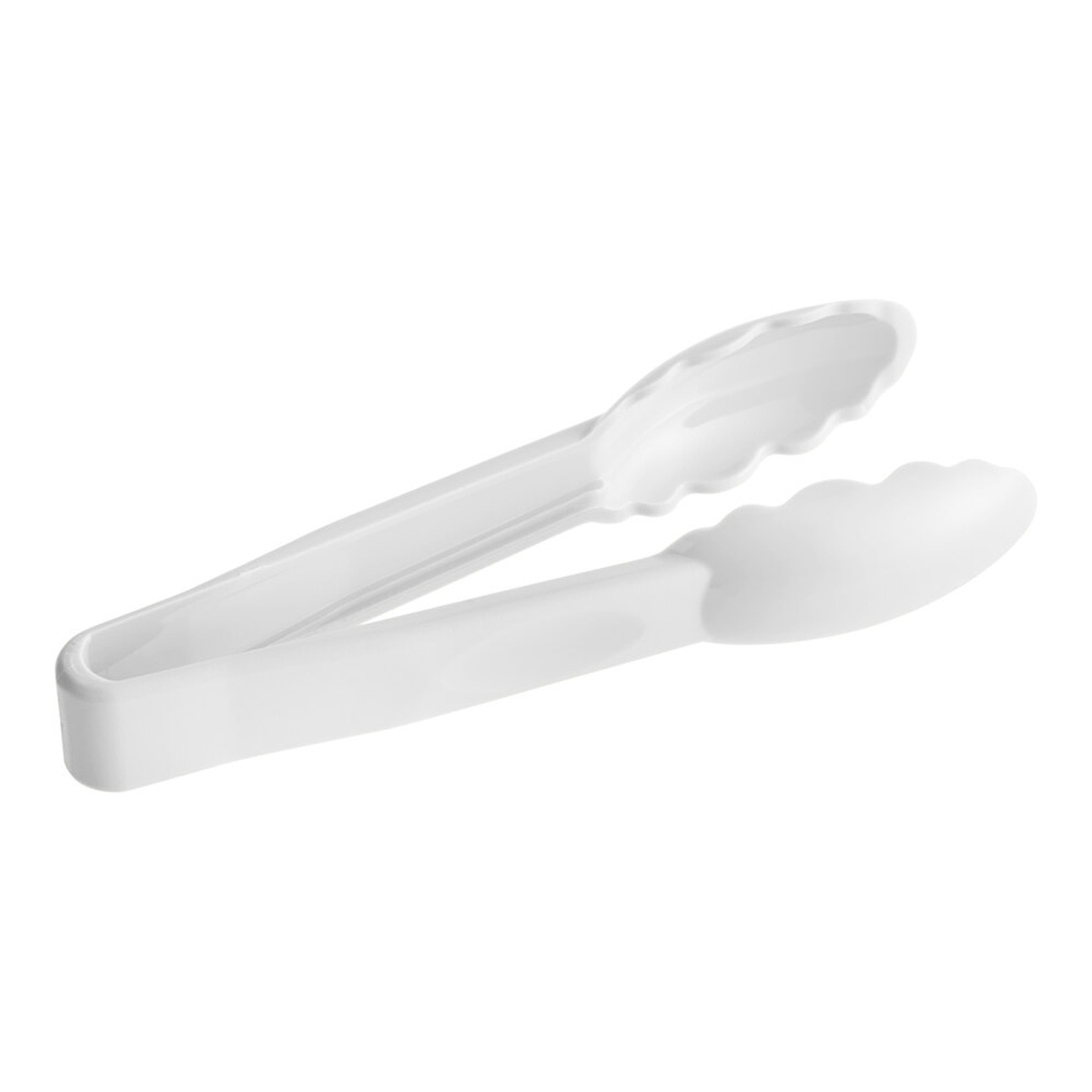 Cambro 6TGS148 white scallop grip plastic tongs, 6 inch, on white background