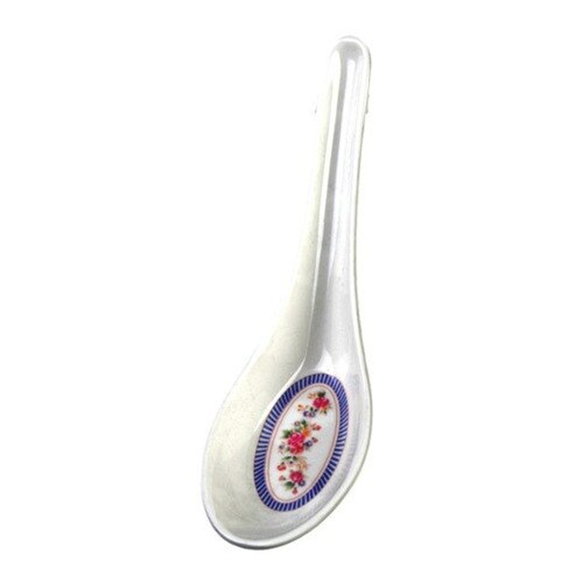 Thunder Group 7003AR white melamine wonton soup spoon with rose pattern and blue stripe detail