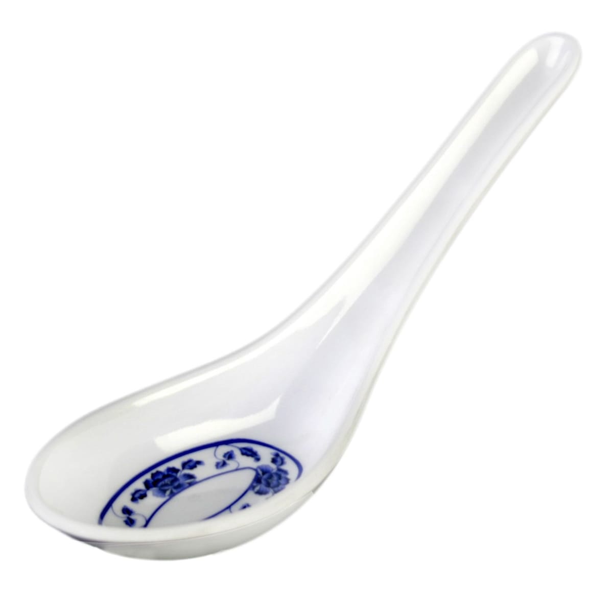 Thunder Group 7003B white melamine wonton soup spoon with blue Lotus floral design in the bowl