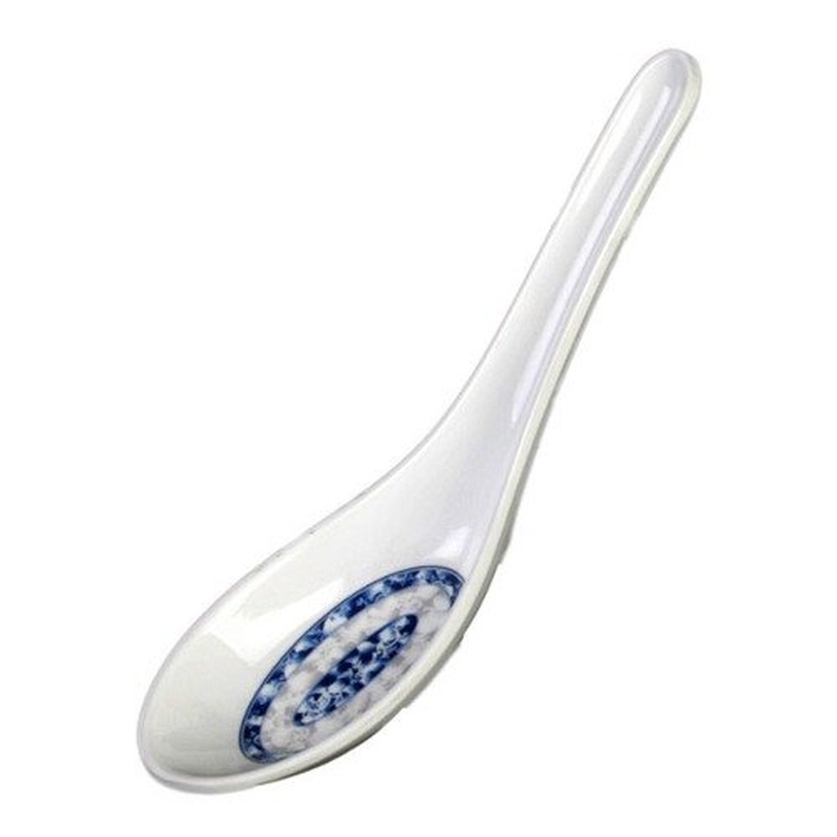 Thunder Group 7003DL Blue Dragon melamine wonton soup spoon with white body and blue decorative pattern in bowl