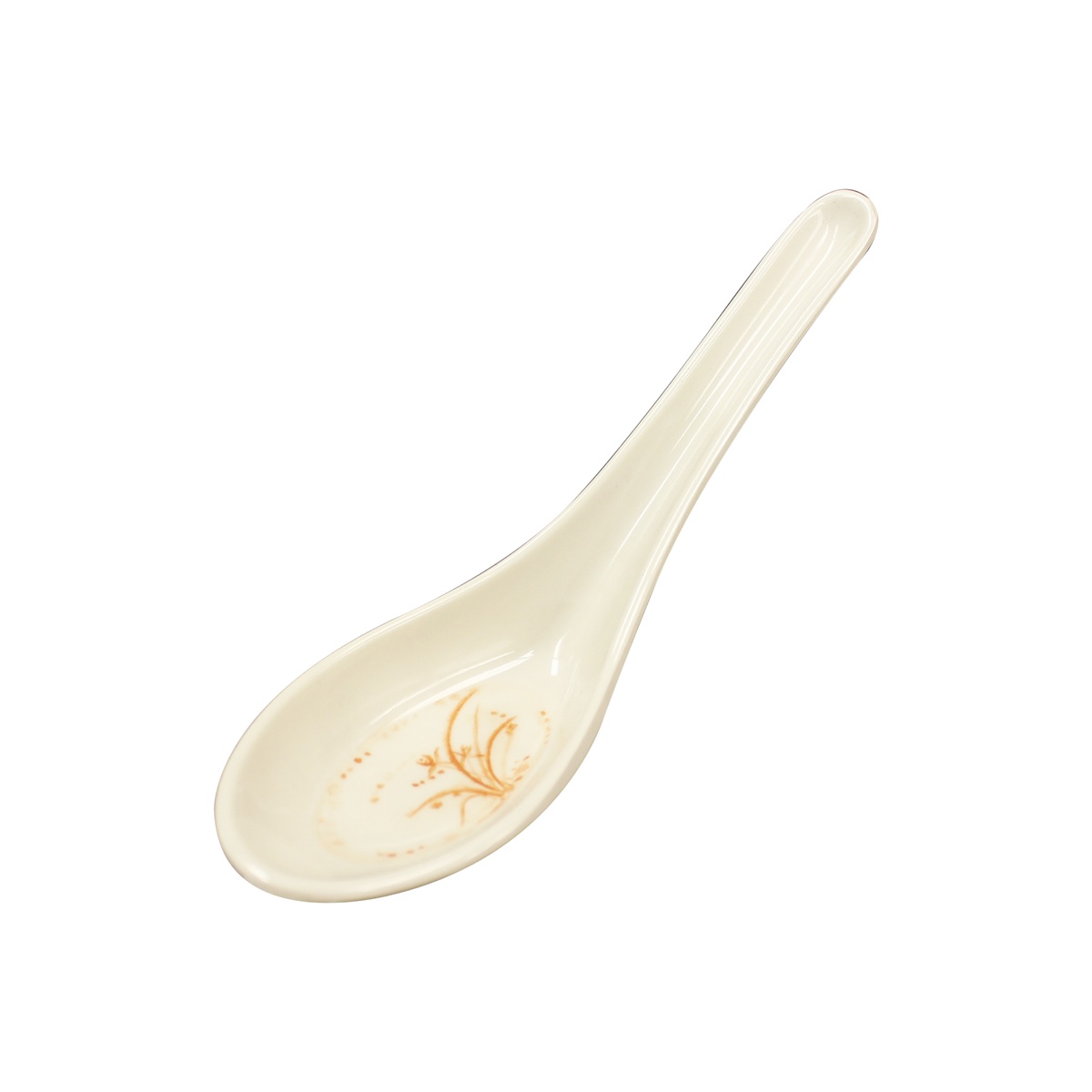 Thunder Group 7003GD Gold Orchid melamine wonton soup spoon, top-down angled view displaying the cream ivory finish and gold orchid motif in the bowl