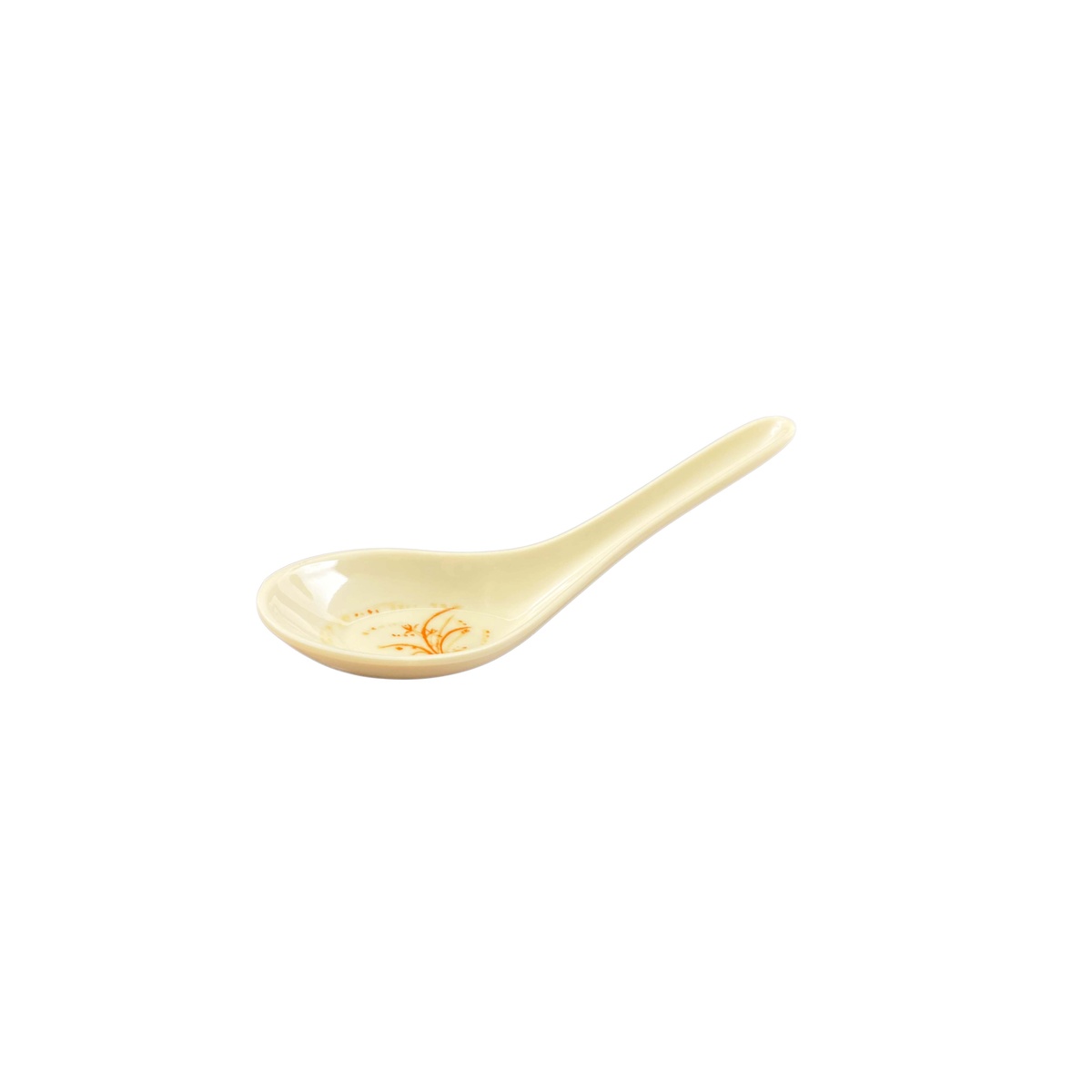 Thunder Group 7003GD Gold Orchid melamine wonton soup spoon, angled side view showing the cream body and gold floral detail in the bowl