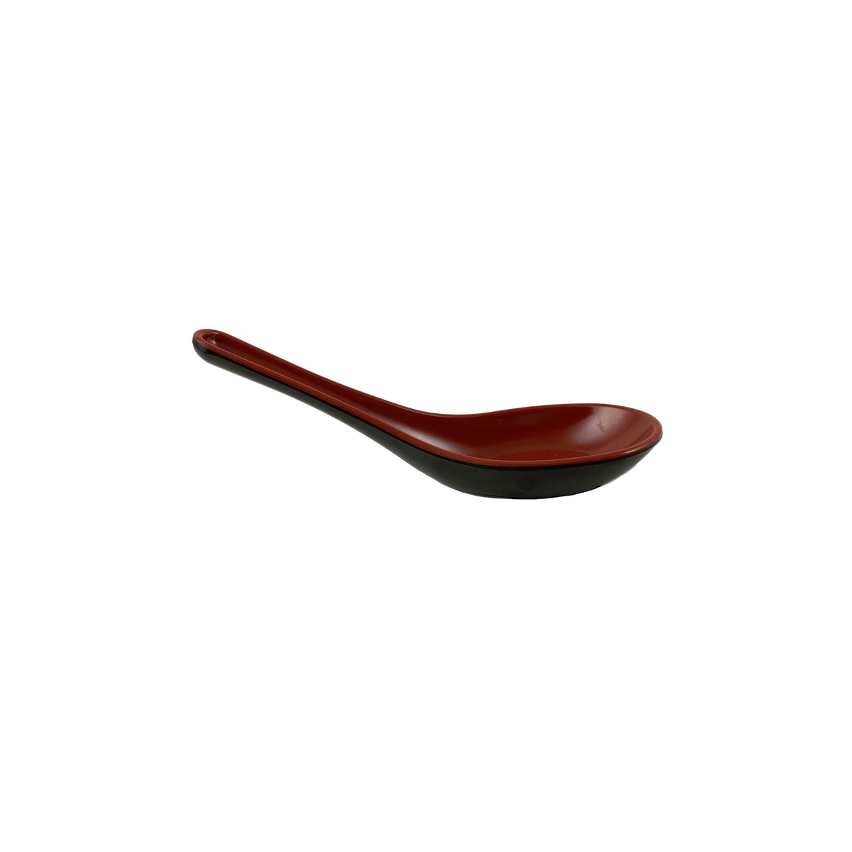 Thunder Group 7003JBR two-tone red and black melamine soup spoon, side profile view