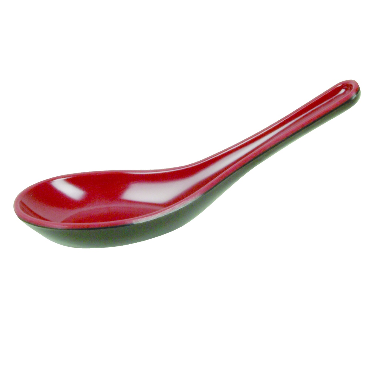 Thunder Group two-tone red and black melamine Chinese soup spoon, top-front angle showing bowl and handle