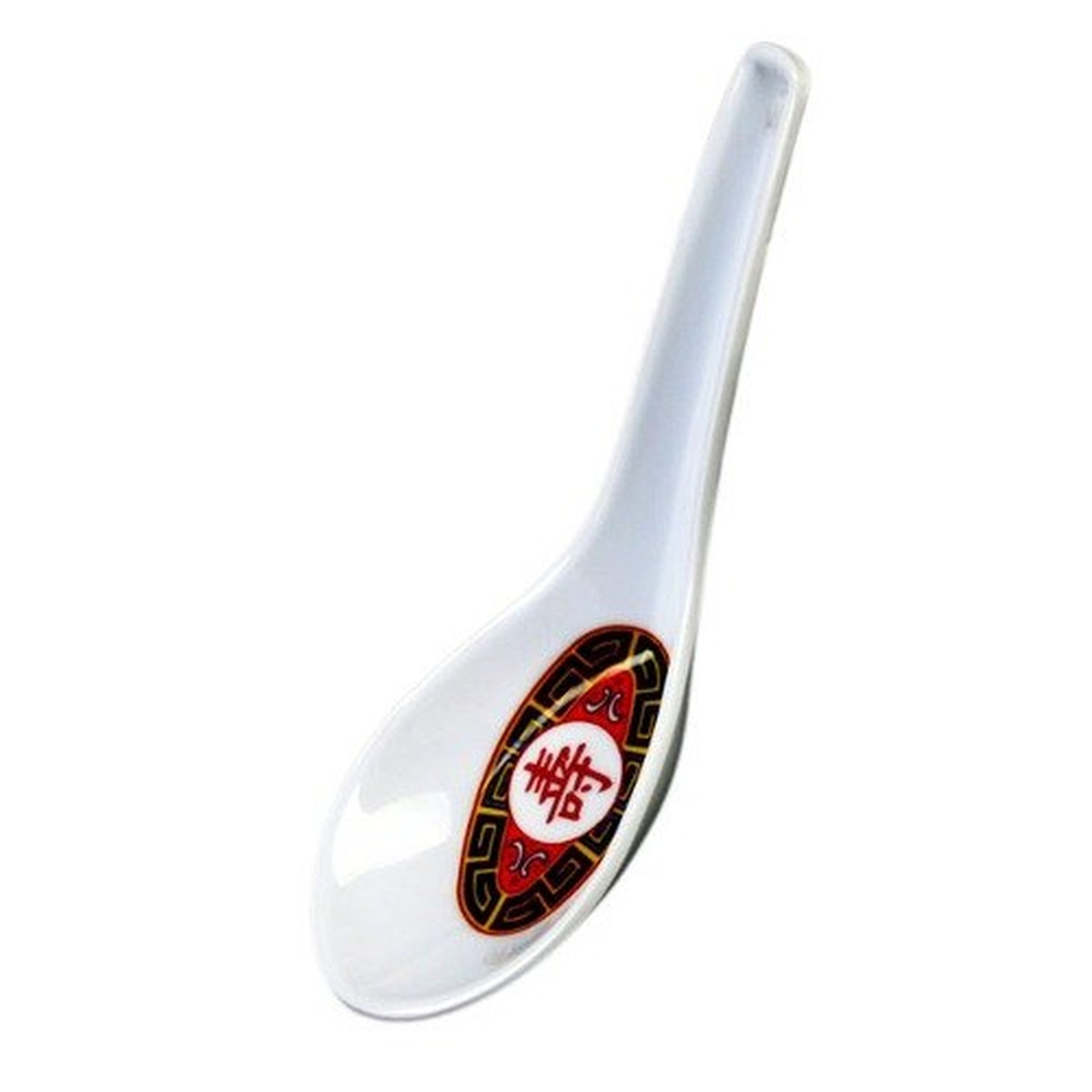 Thunder Group 7003R Longevity melamine wonton soup spoon with red and black Asian-inspired Longevity pattern on white bowl